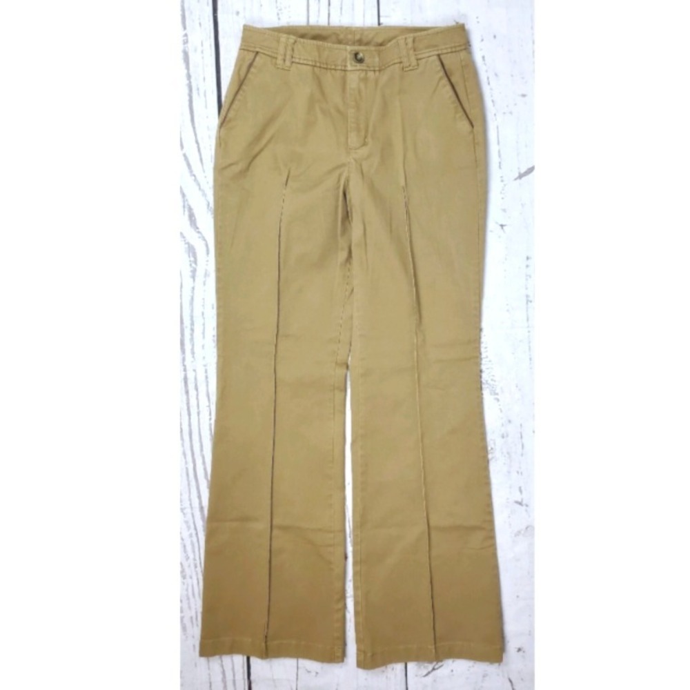Soft Surroundings‎ Pinch Pleat Pants Women's 6 Bootcut Khaki Faux Leather Trim